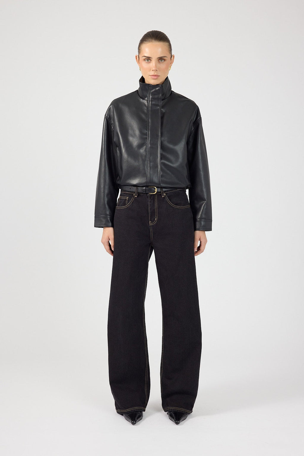 Funnel Neck Faux Leather Bomber Jacket Black