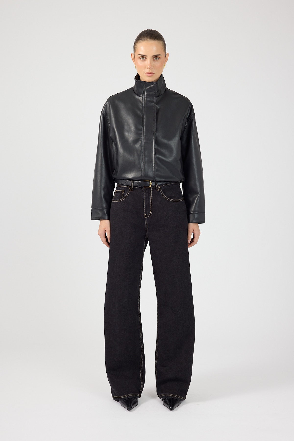 Funnel Neck Faux Leather Bomber Jacket Black