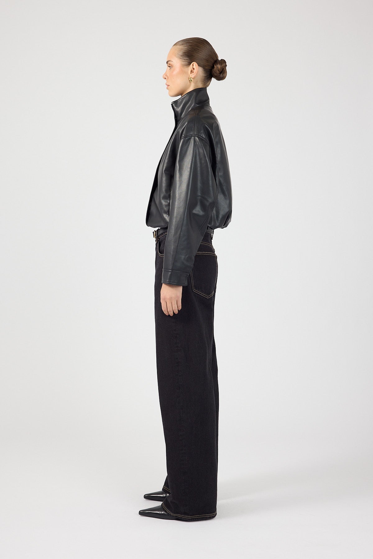 Funnel Neck Faux Leather Bomber Jacket Black