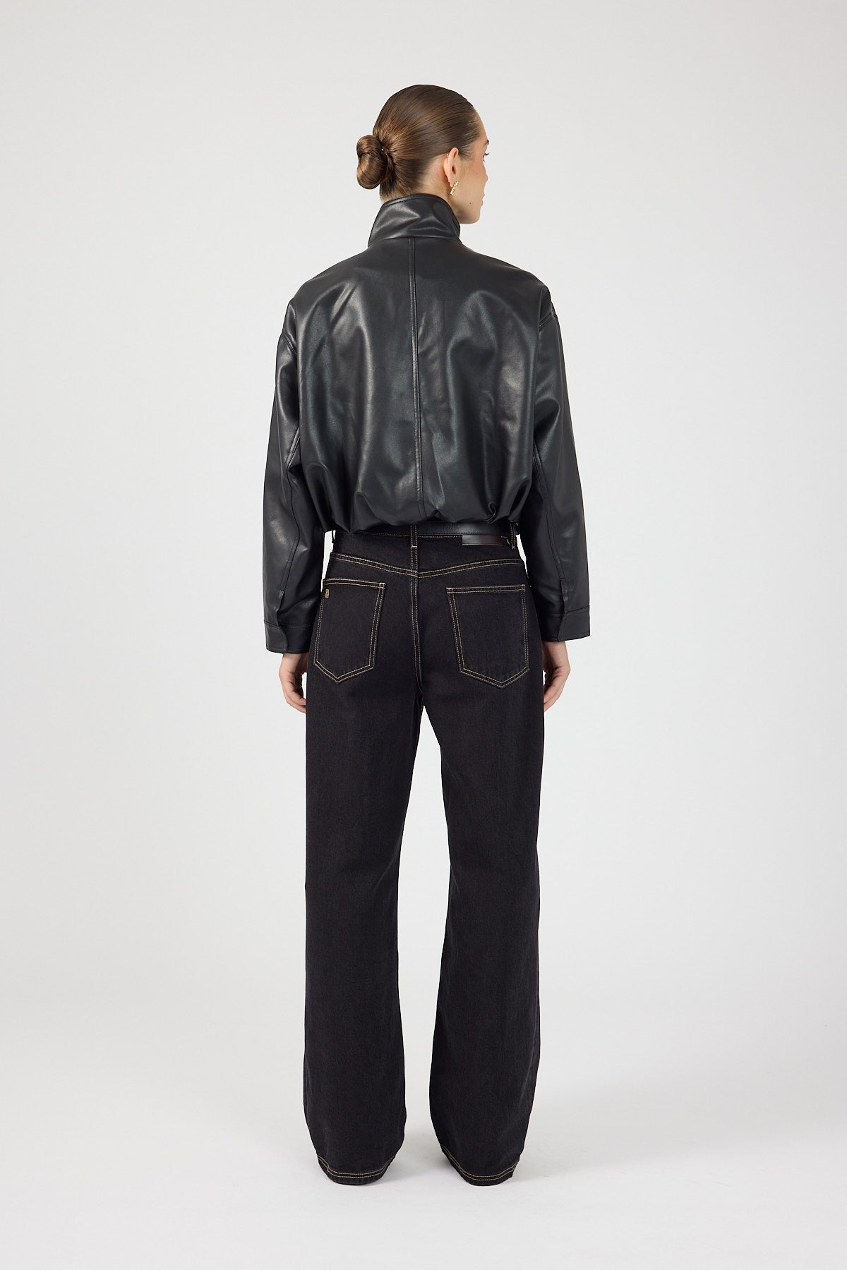 Funnel Neck Faux Leather Bomber Jacket Black
