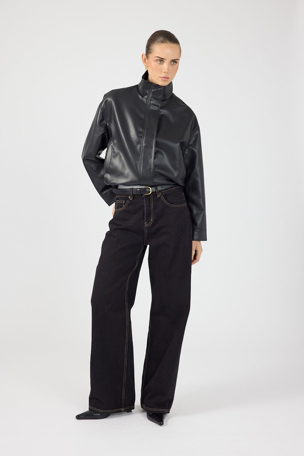 Funnel Neck Faux Leather Bomber Jacket Black