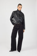 Funnel Neck Faux Leather Bomber Jacket Black
