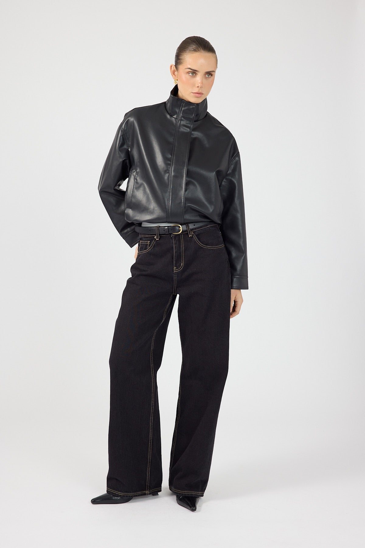 Funnel Neck Faux Leather Bomber Jacket Black