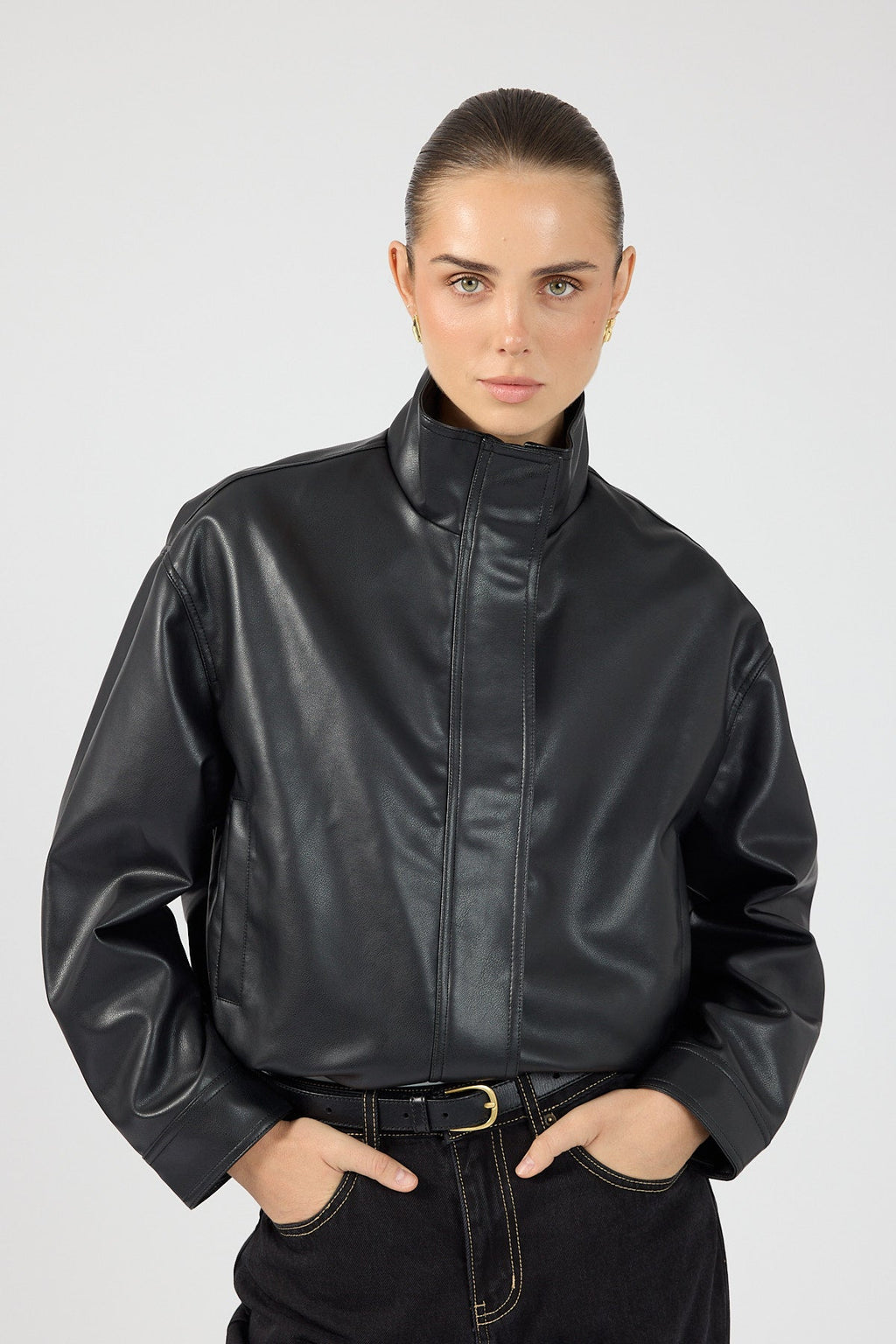 Funnel Neck Faux Leather Bomber Jacket Black