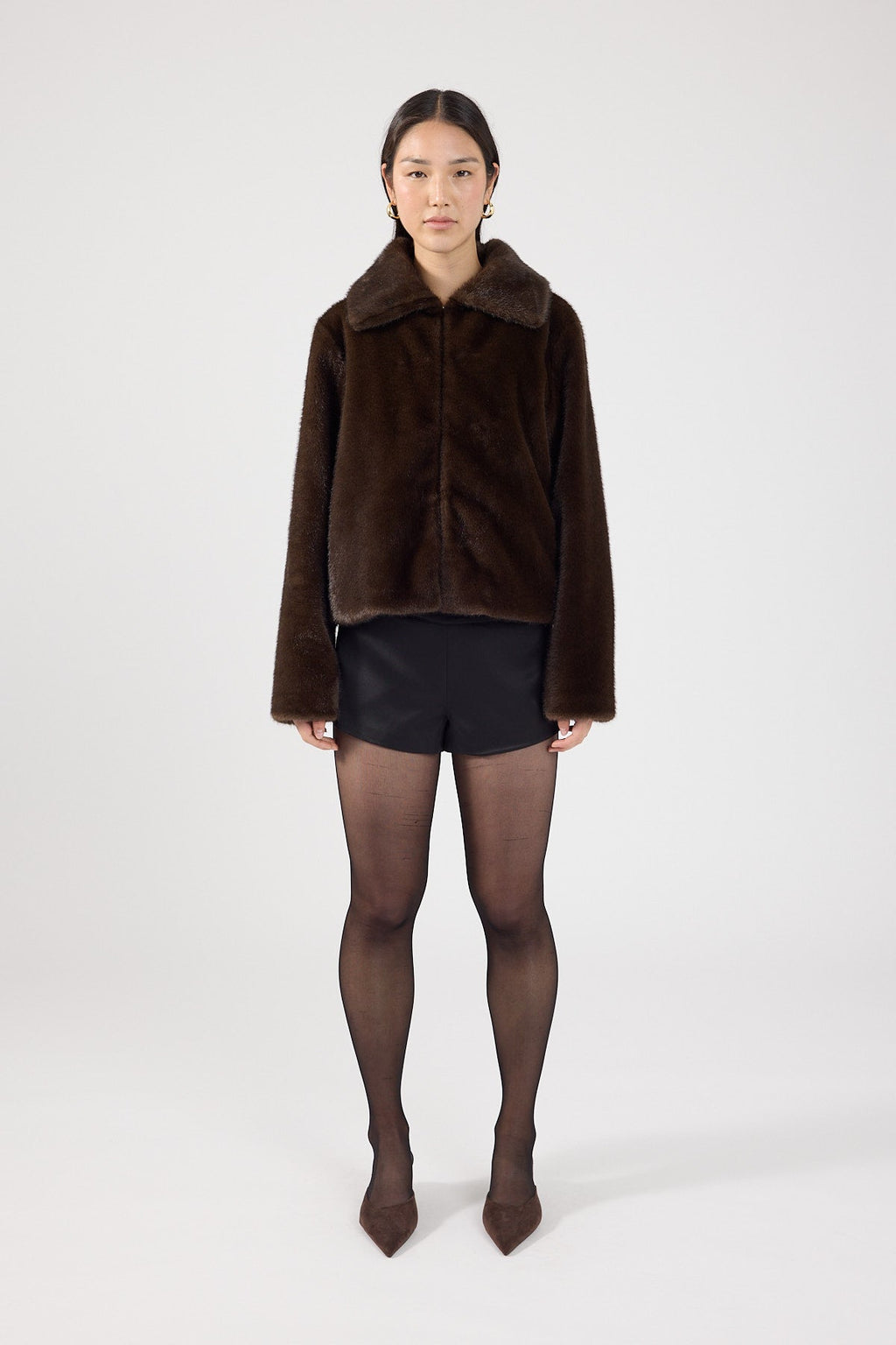 Cropped Faux Fur Jacket Brown