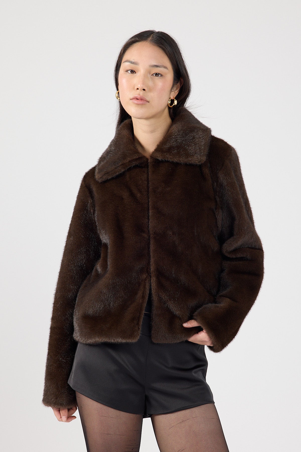 Cropped Faux Fur Jacket Brown