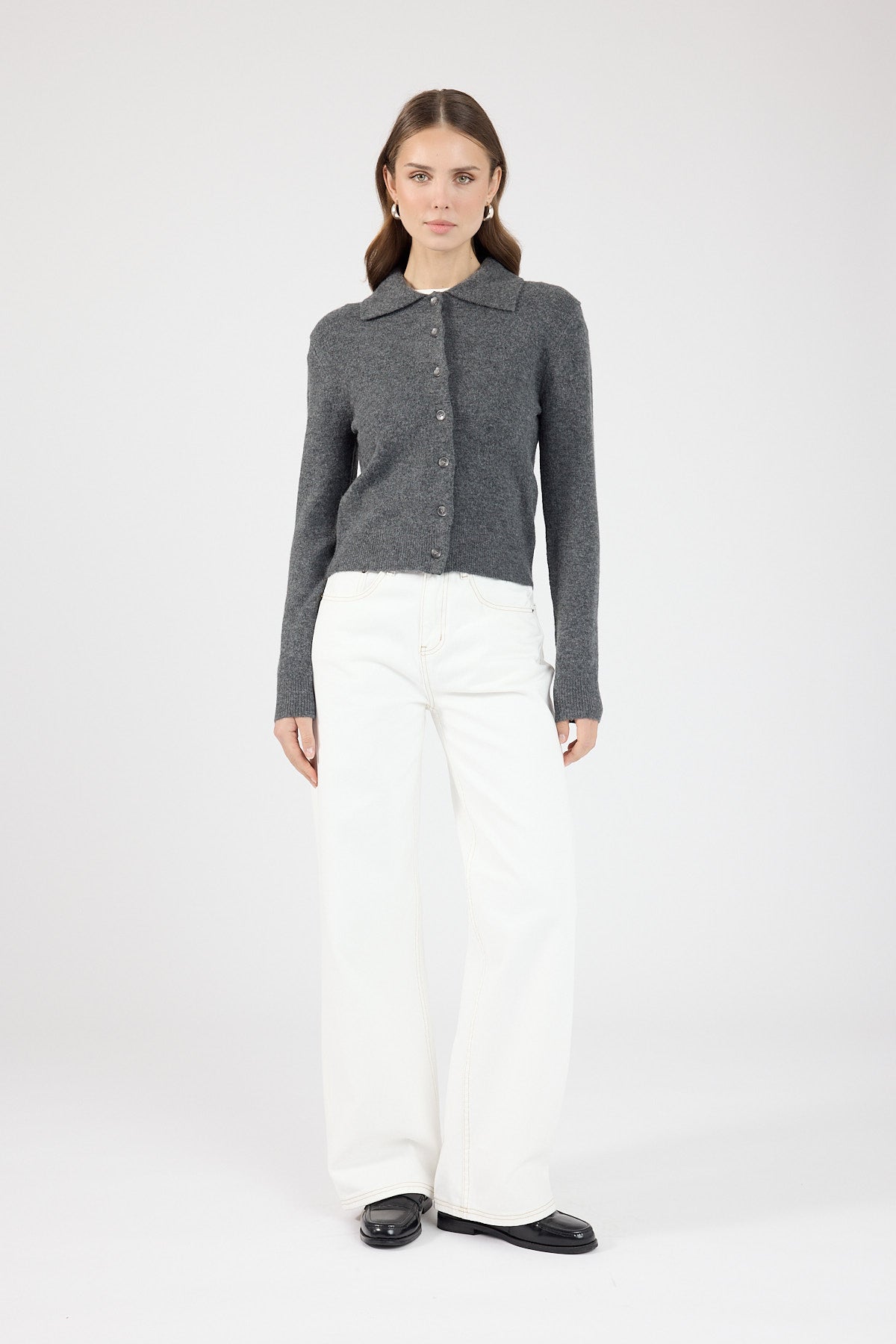 Collared Knit Cardigan Charcoal