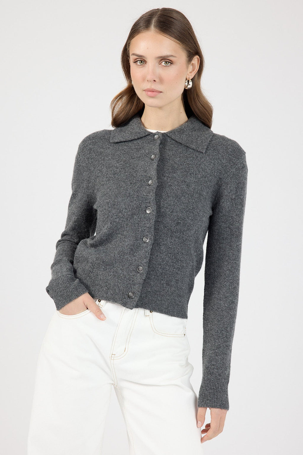 Collared Knit Cardigan Charcoal