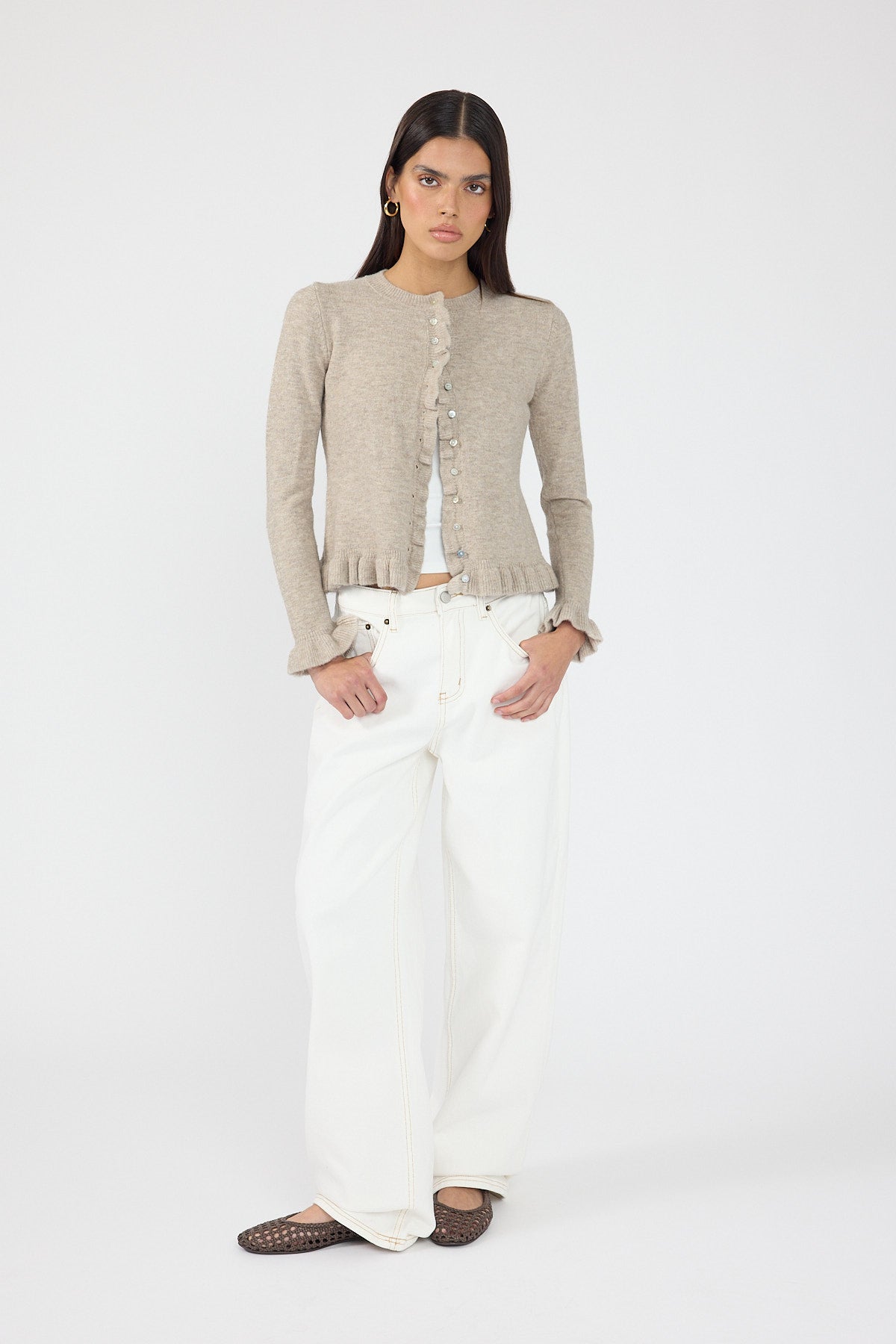 Frill Knit Cardigan Taupe