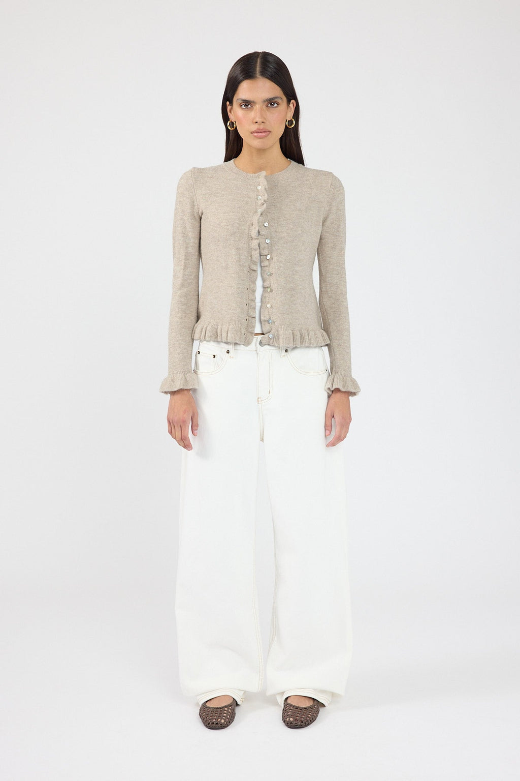 Frill Knit Cardigan Taupe