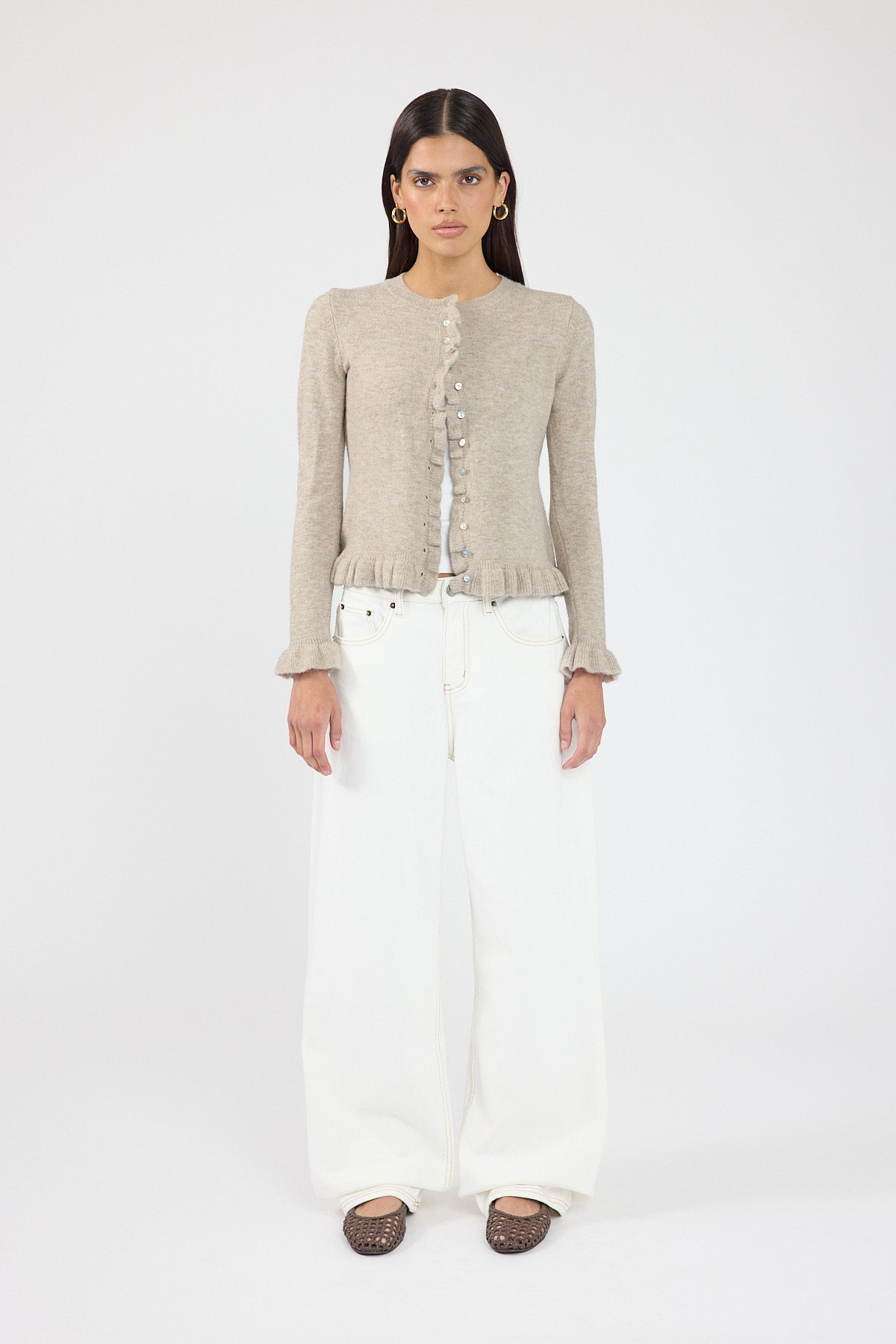Frill Knit Cardigan Taupe