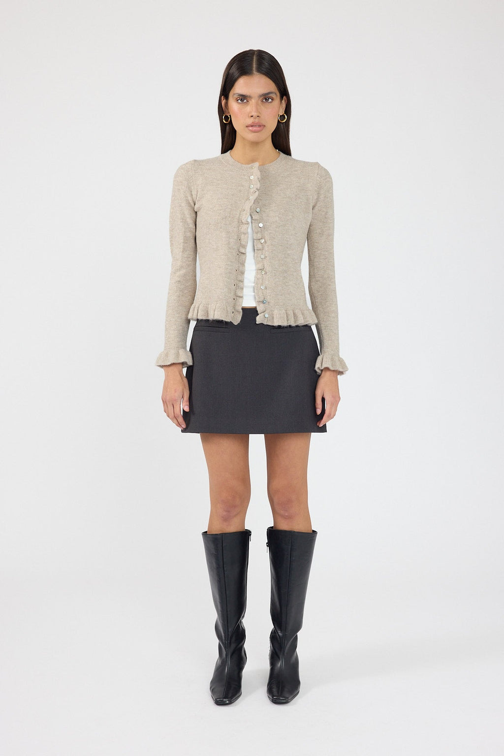 Frill Knit Cardigan Taupe