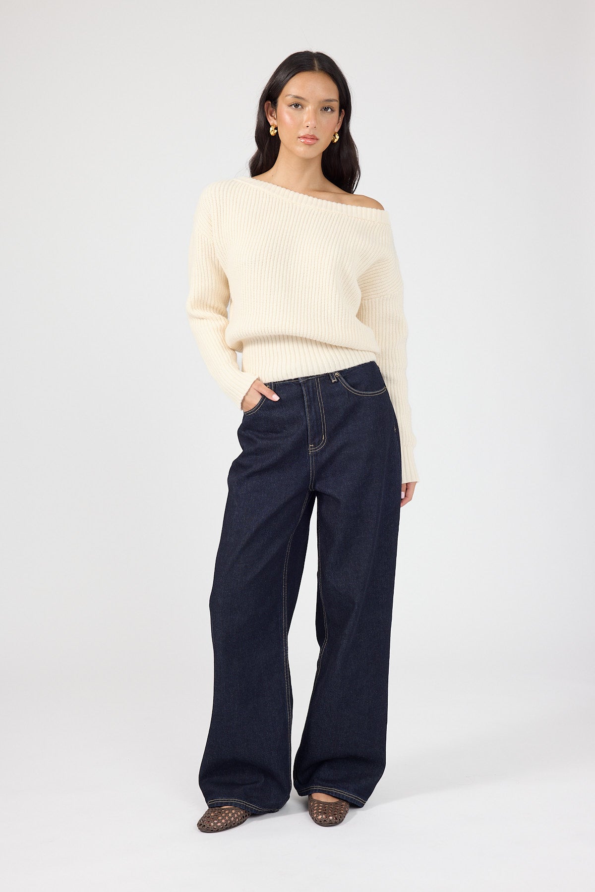 Off Shoulder Knit Jumper Cream