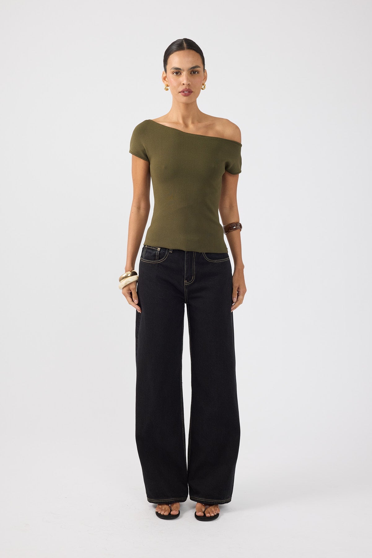 One Shoulder Knit Top Khaki