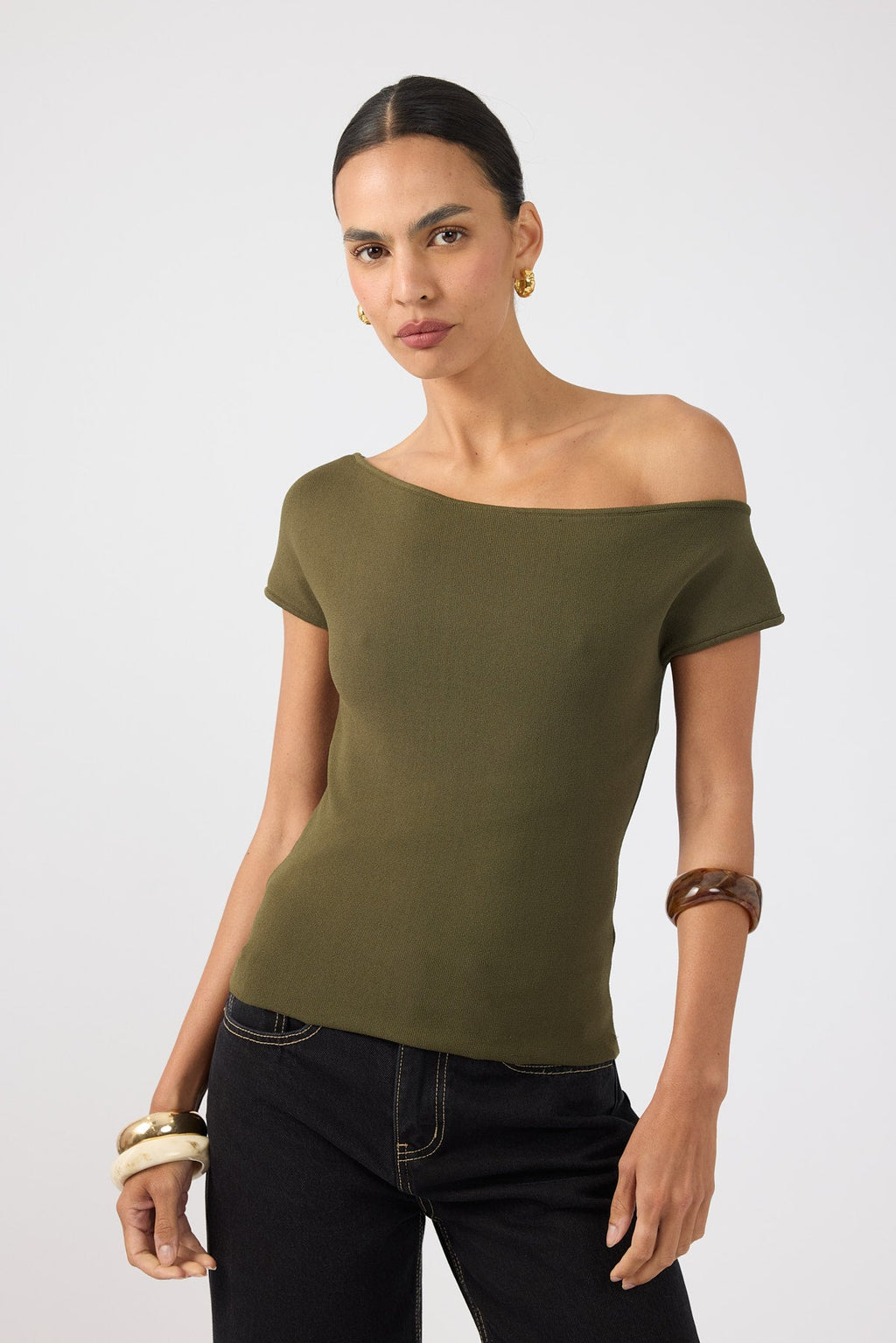 One Shoulder Knit Top Khaki
