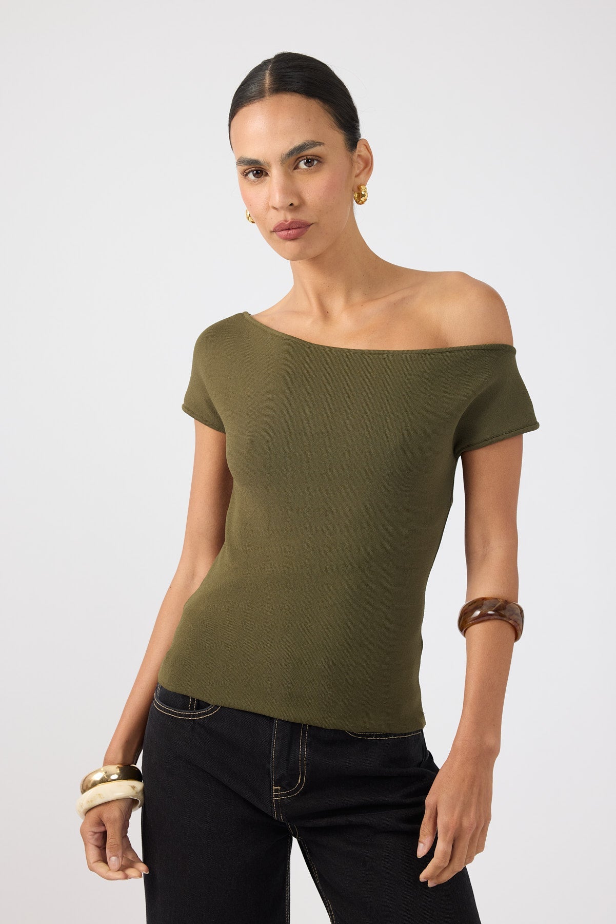 One Shoulder Knit Top Khaki