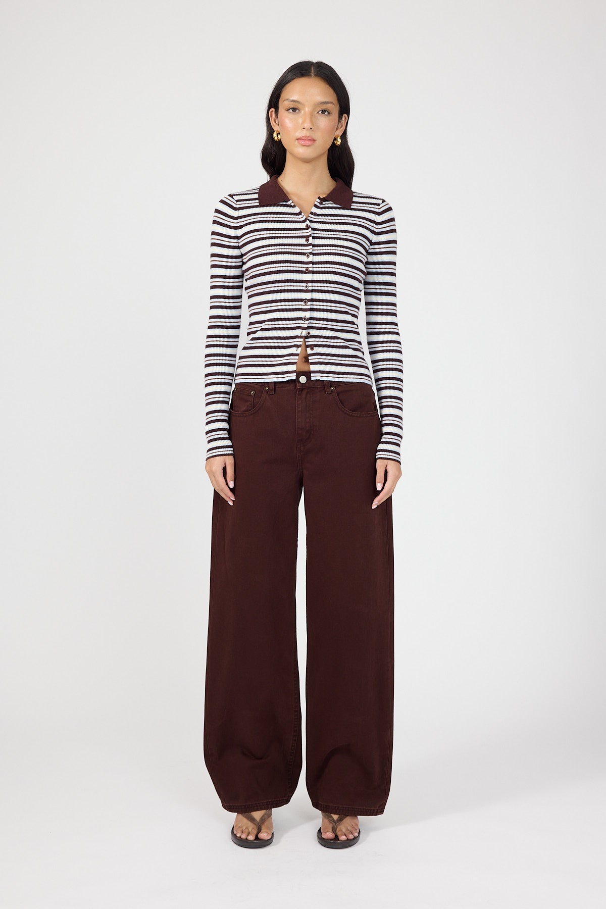 Knit Long Sleeve Polo Brown Stripe