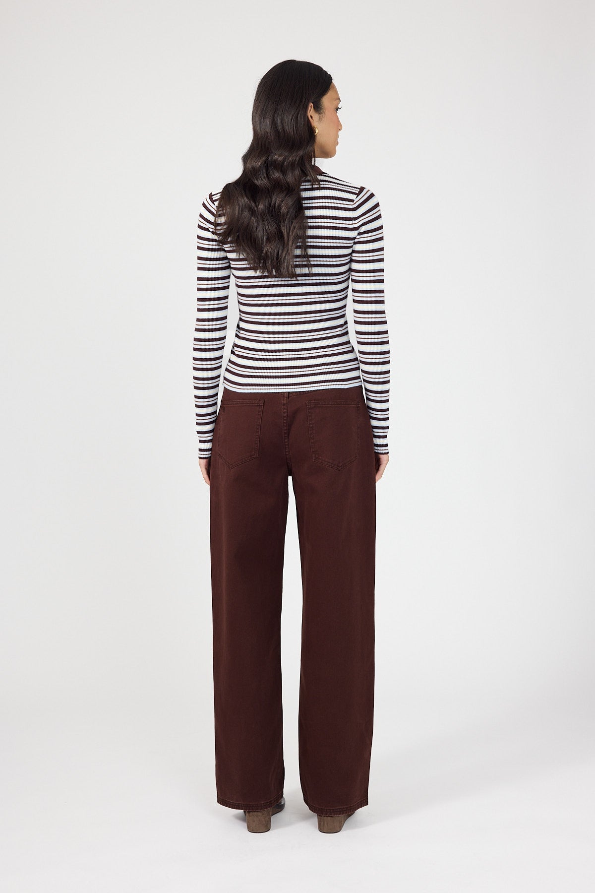 Knit Long Sleeve Polo Brown Stripe