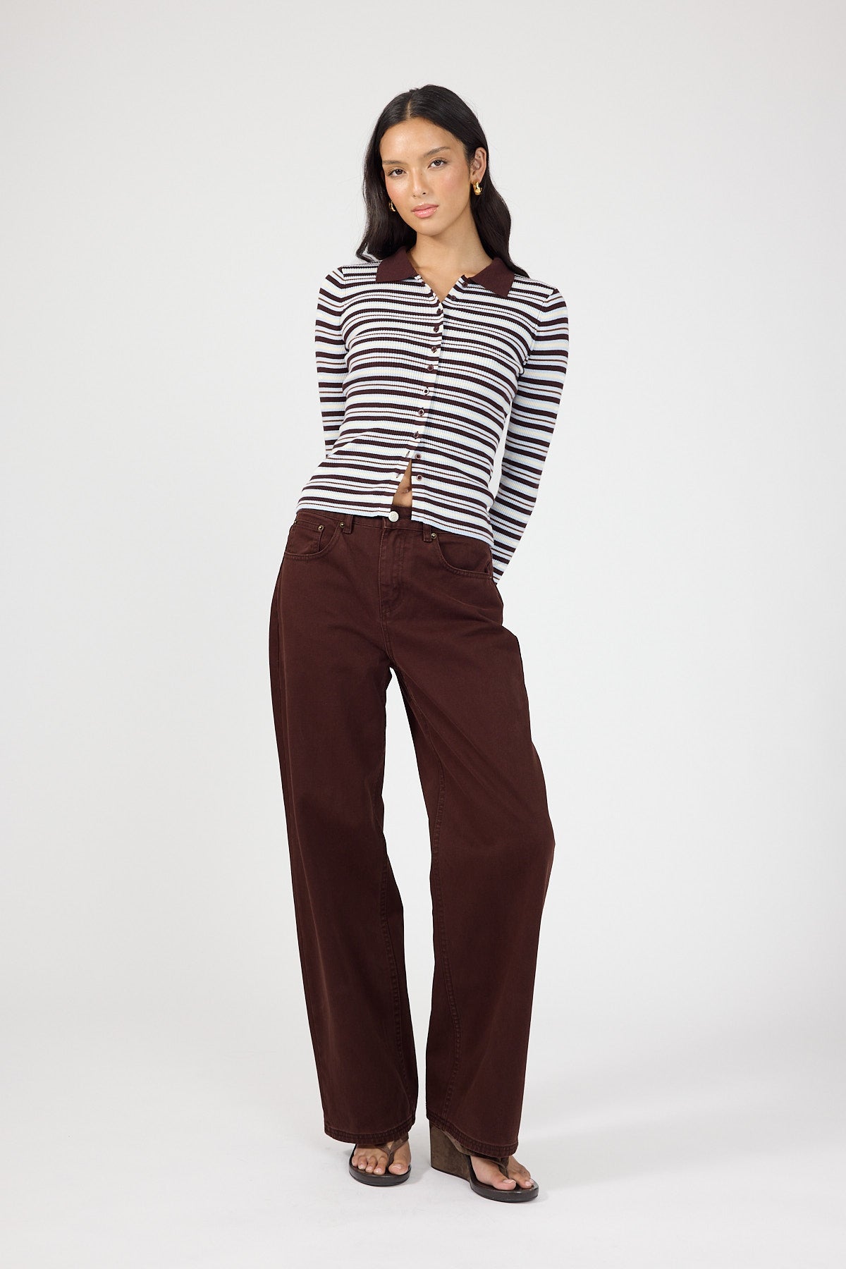 Knit Long Sleeve Polo Brown Stripe