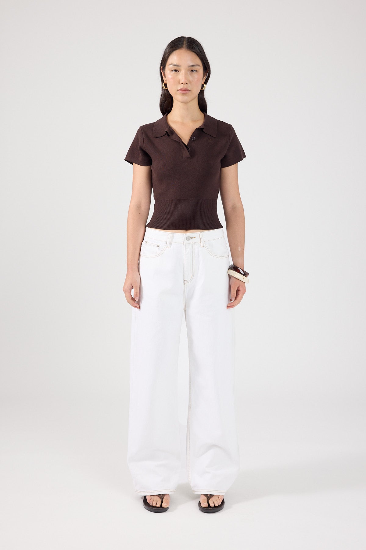 Knit Polo Top Brown