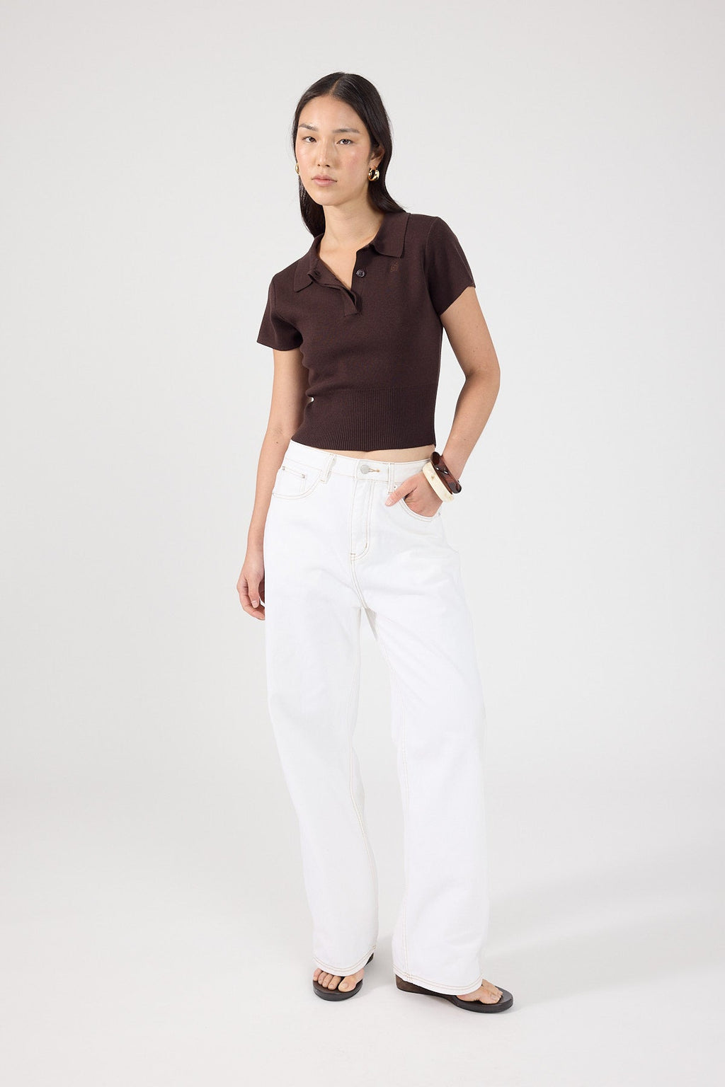 Knit Polo Top Brown