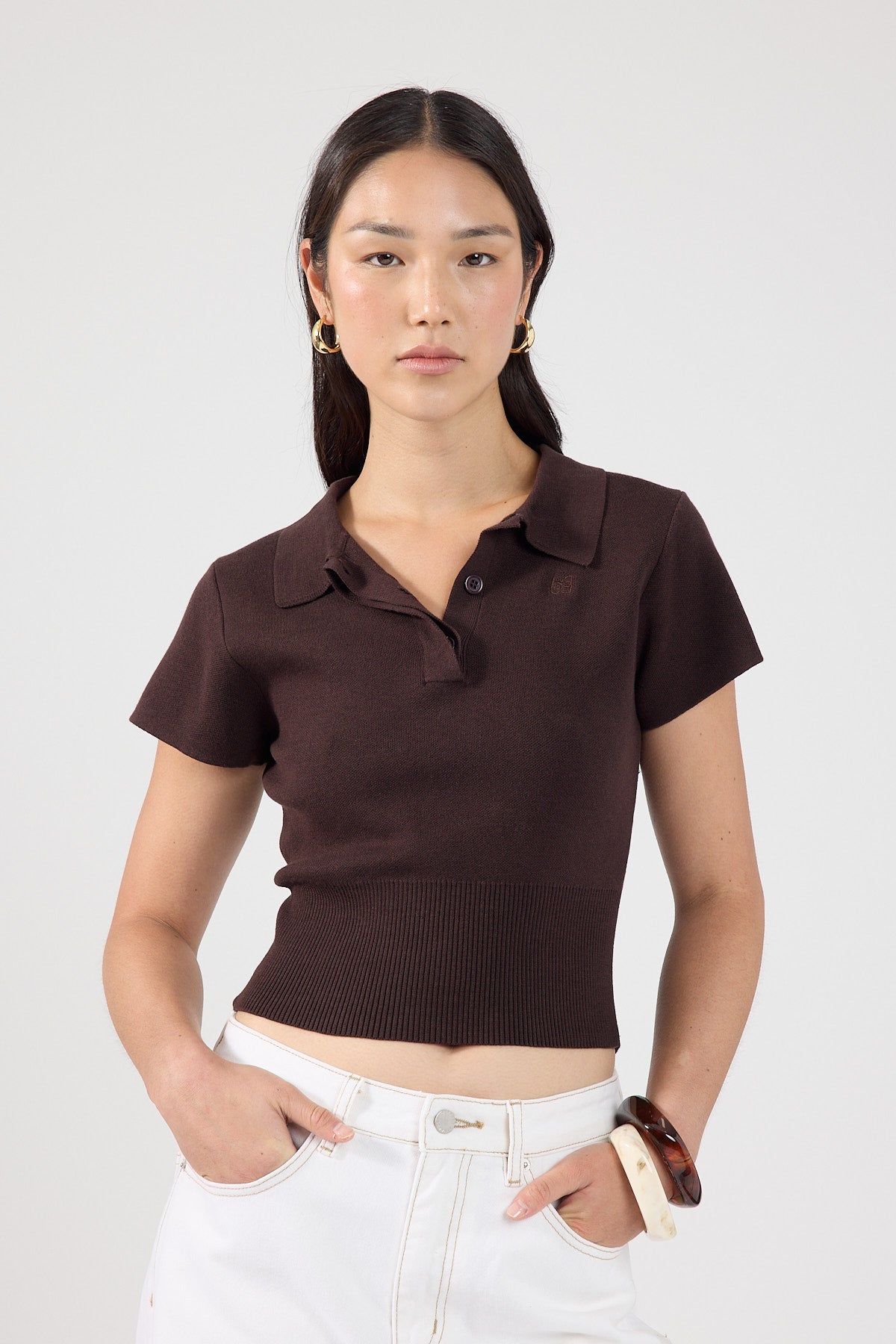 Knit Polo Top Brown