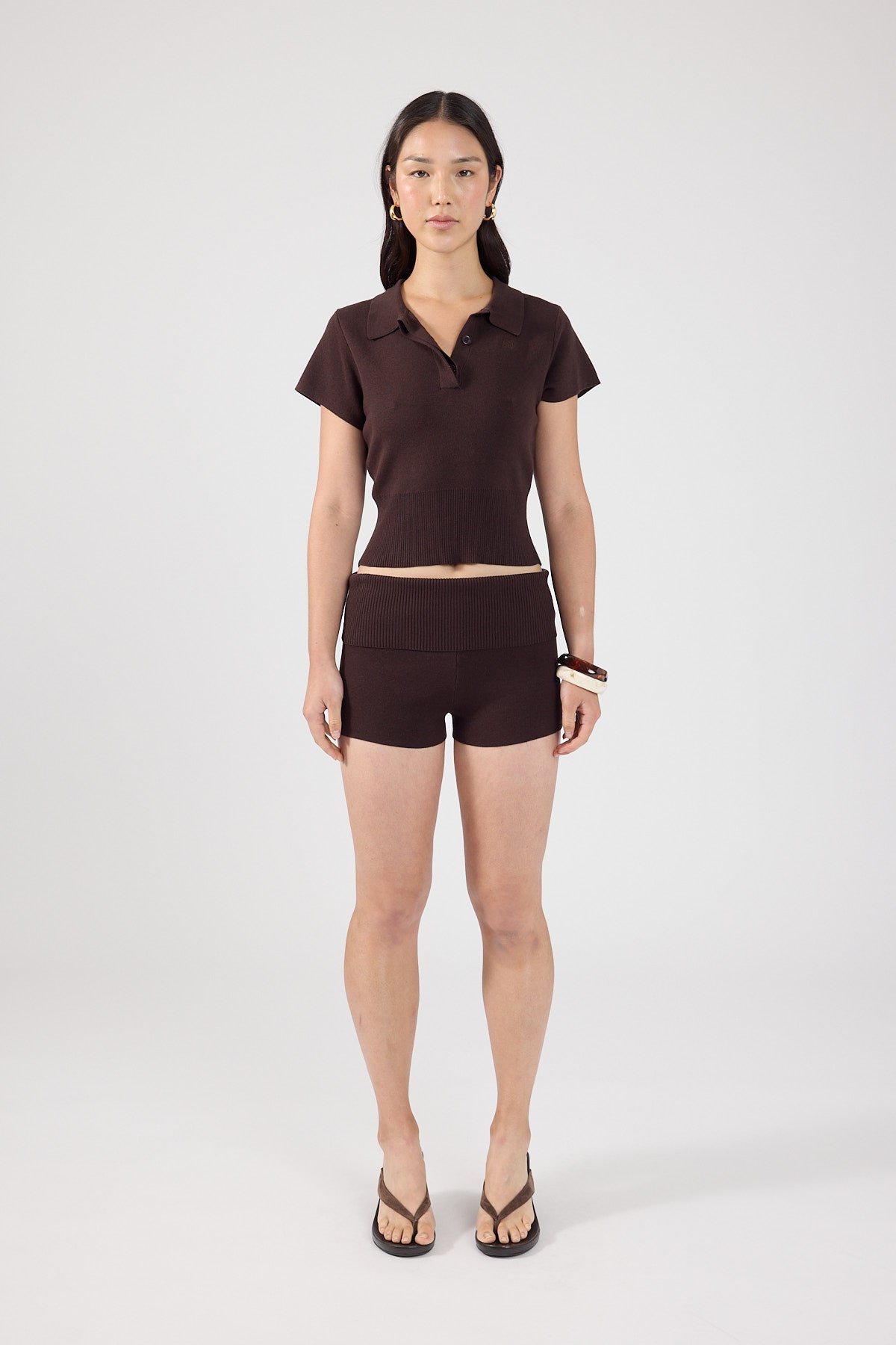 Knit Polo Top Brown