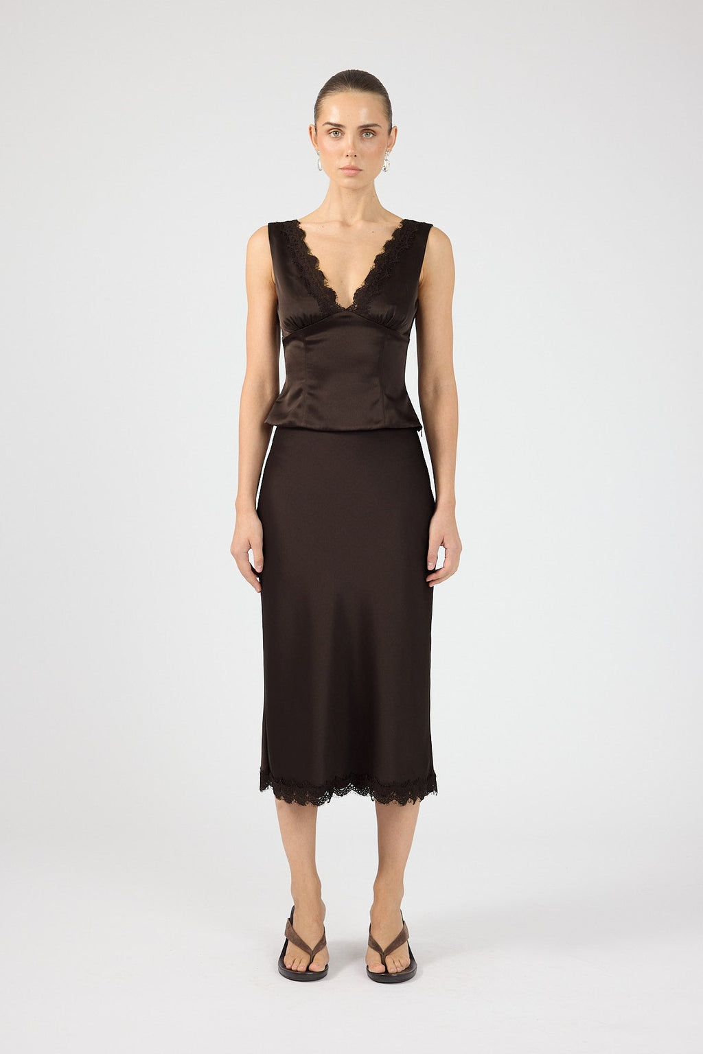 Satin Lace Midi Skirt Brown