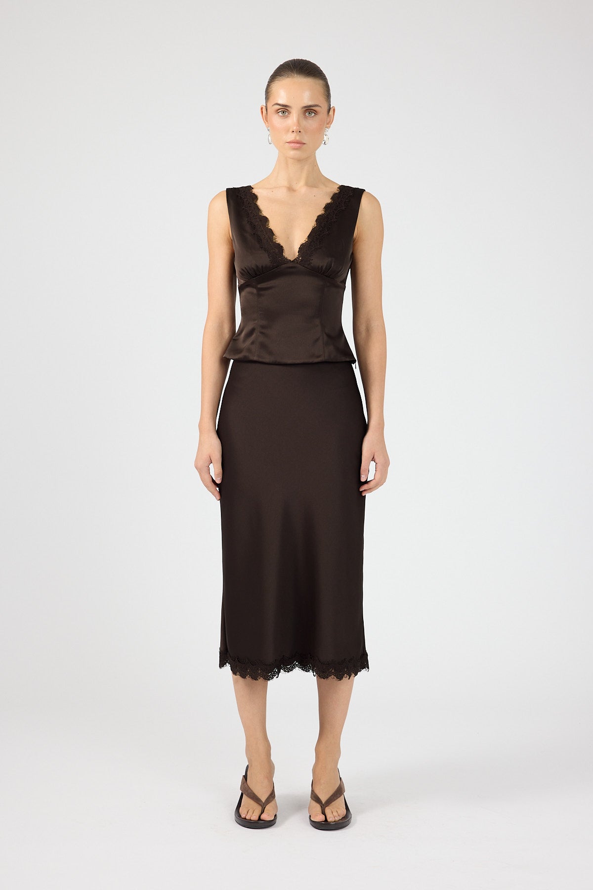 Satin Lace Midi Skirt Brown