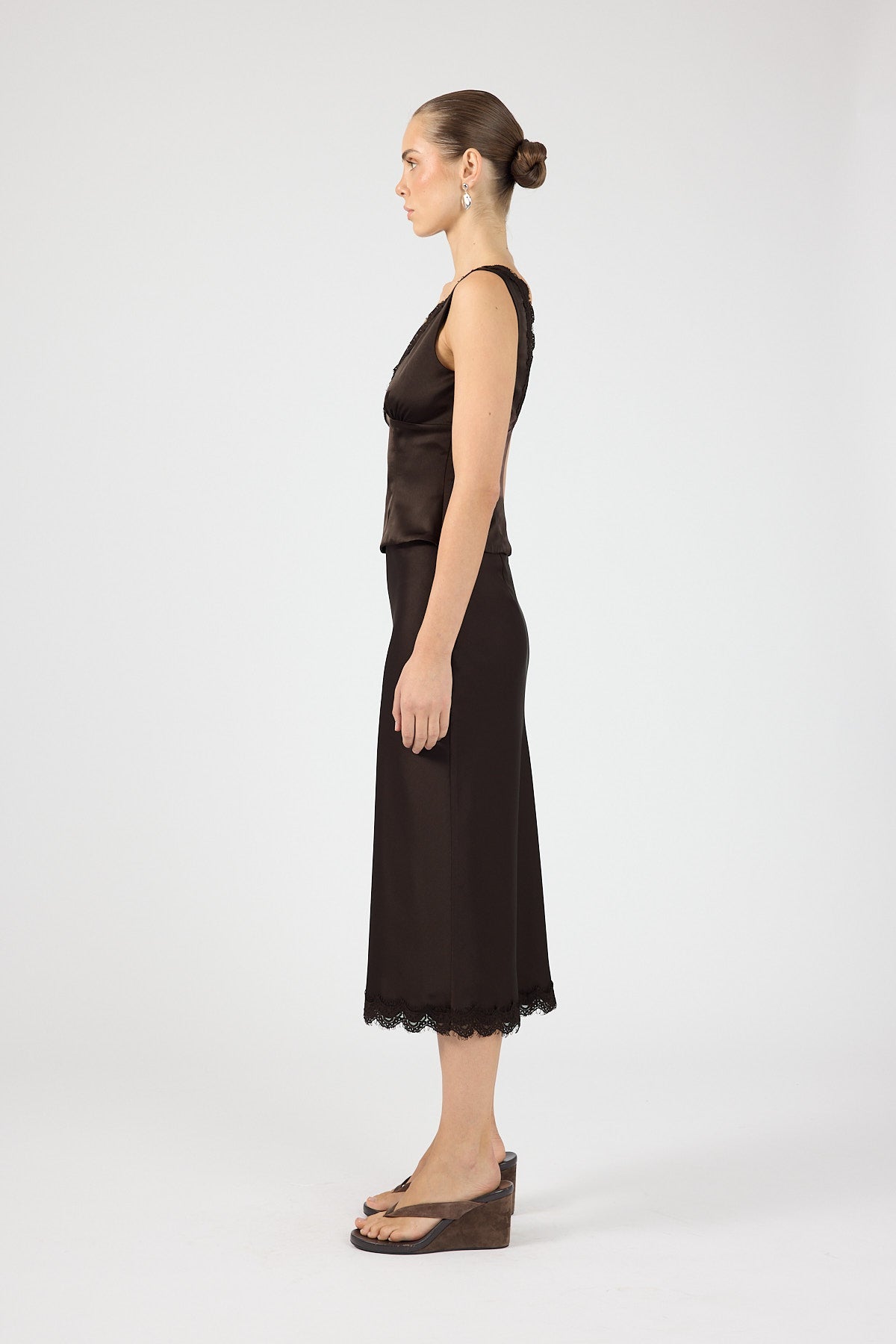 Satin Lace Midi Skirt Brown