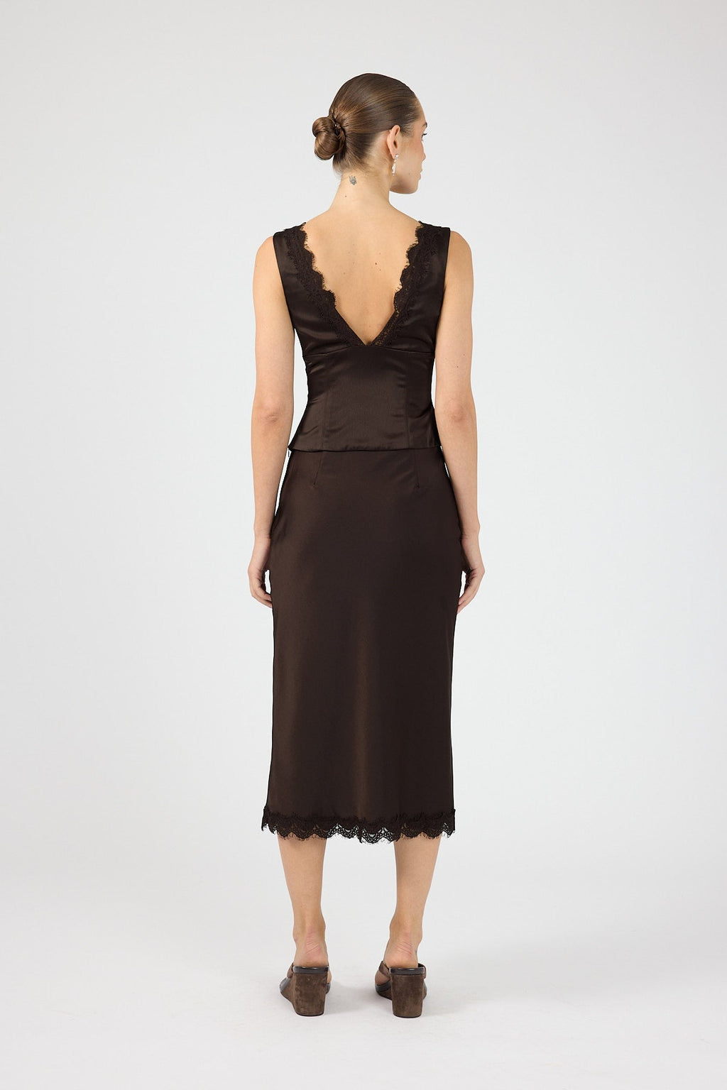Satin Lace Midi Skirt Brown