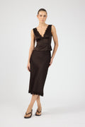 Satin Lace Midi Skirt Brown