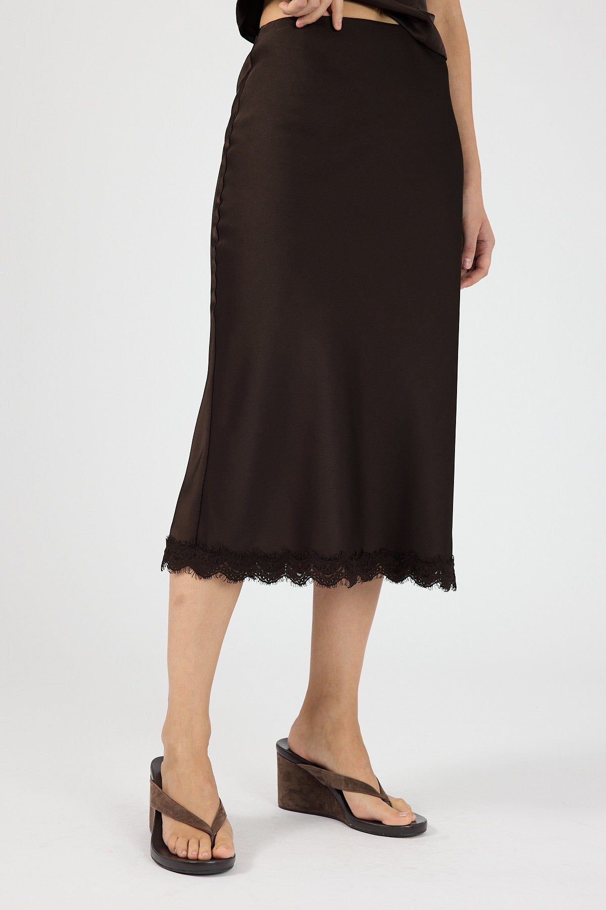 Satin Lace Midi Skirt Brown