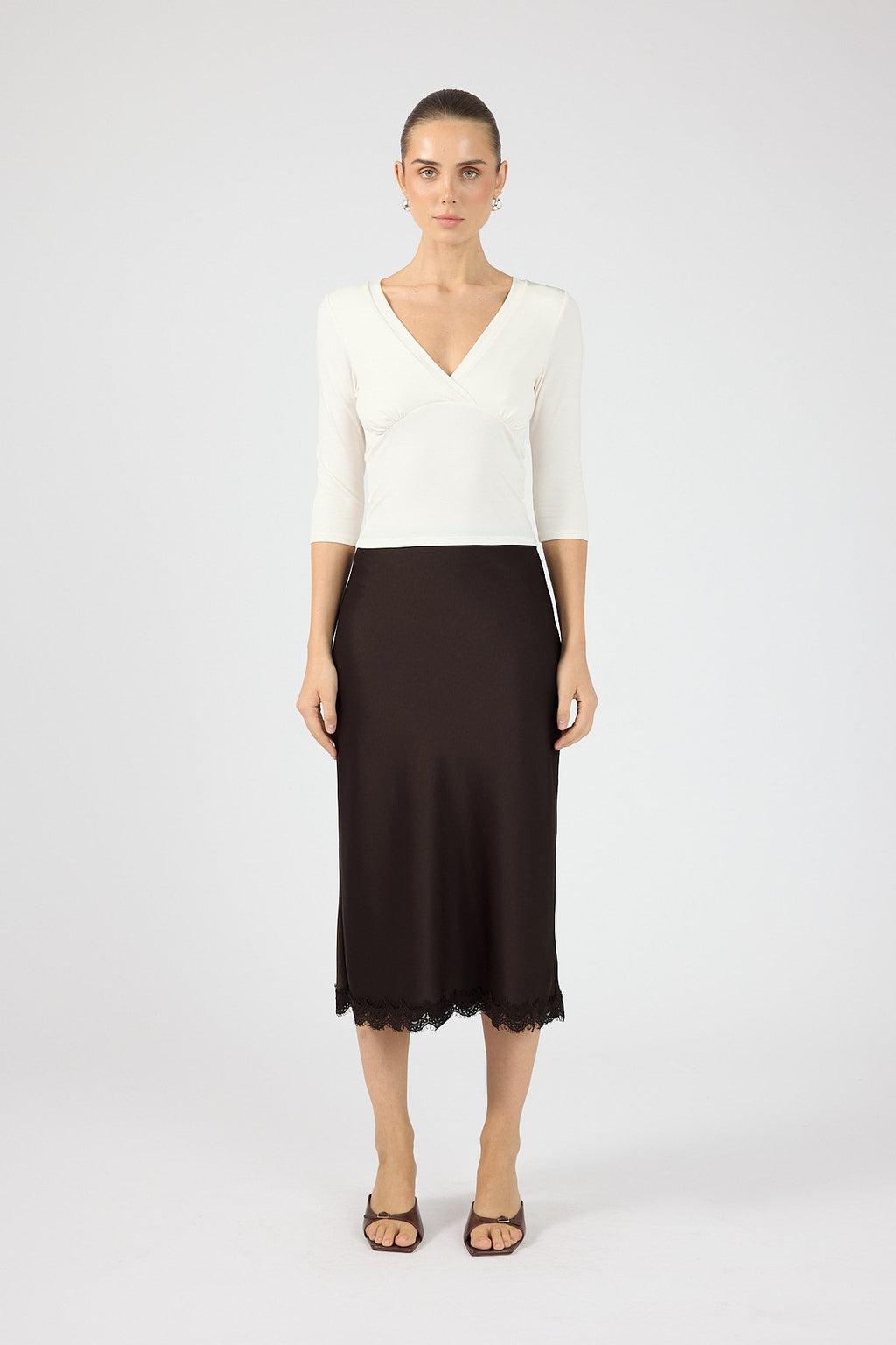 Satin Lace Midi Skirt Brown