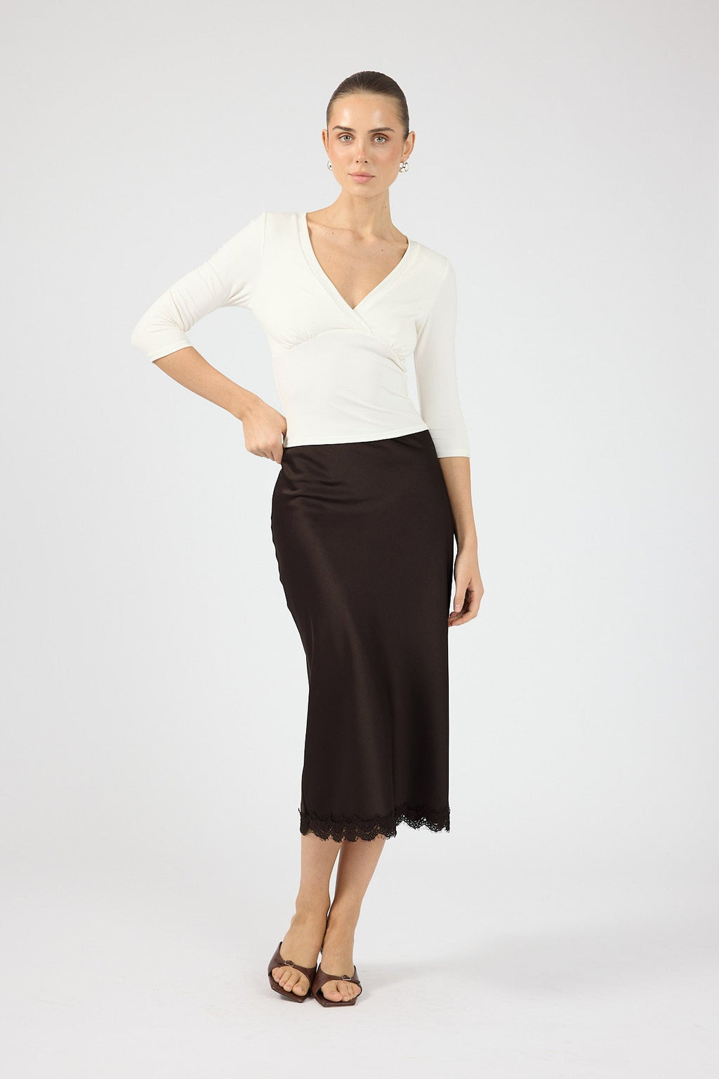 Satin Lace Midi Skirt Brown