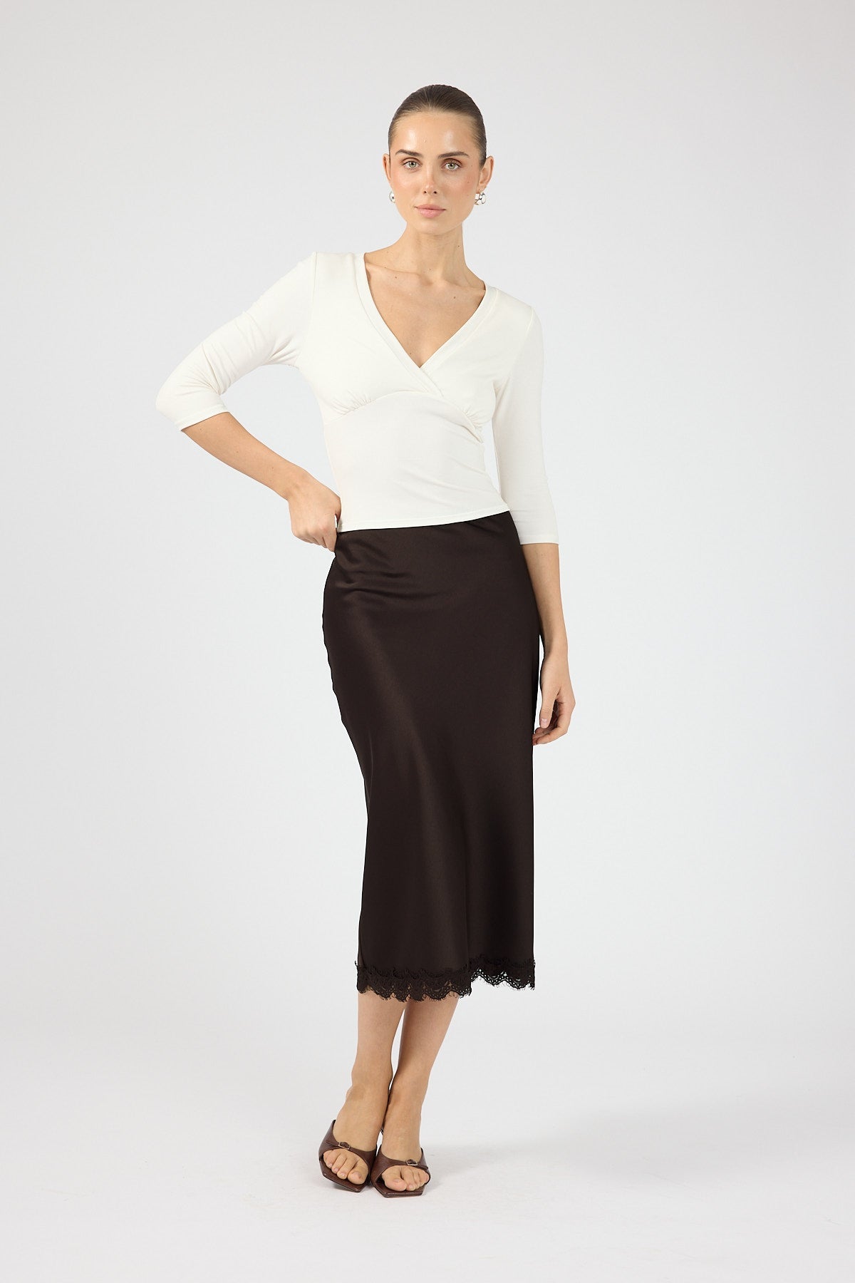 Satin Lace Midi Skirt Brown