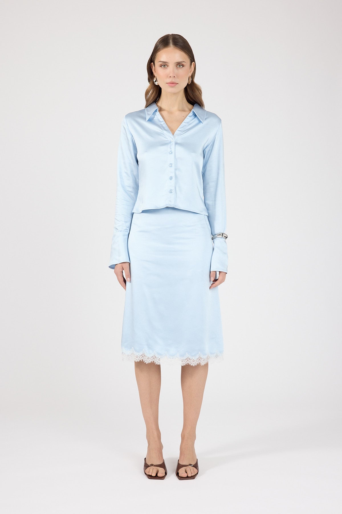 Satin Lace Midi Skirt Blue/White