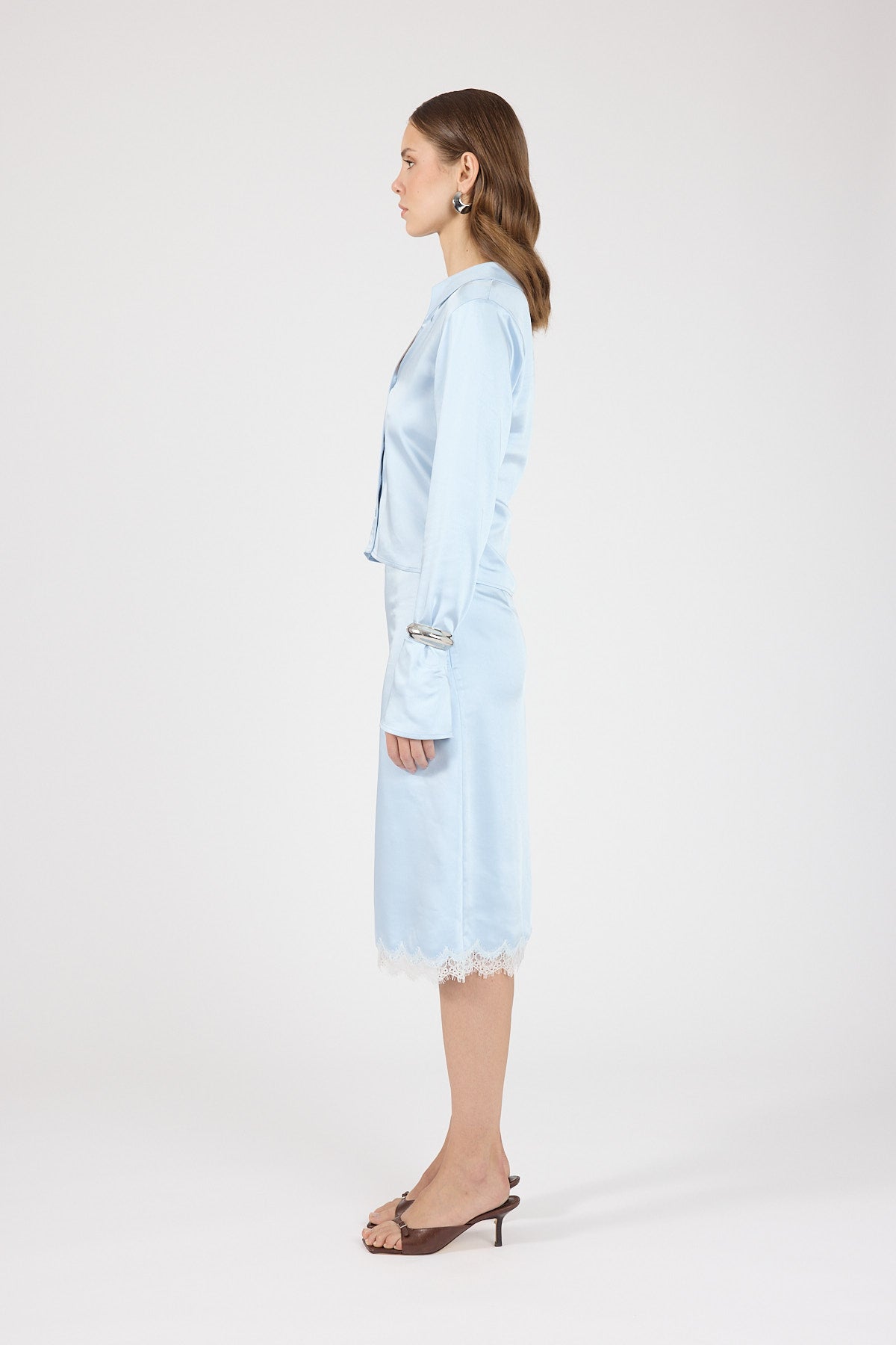 Satin Lace Midi Skirt Blue/White