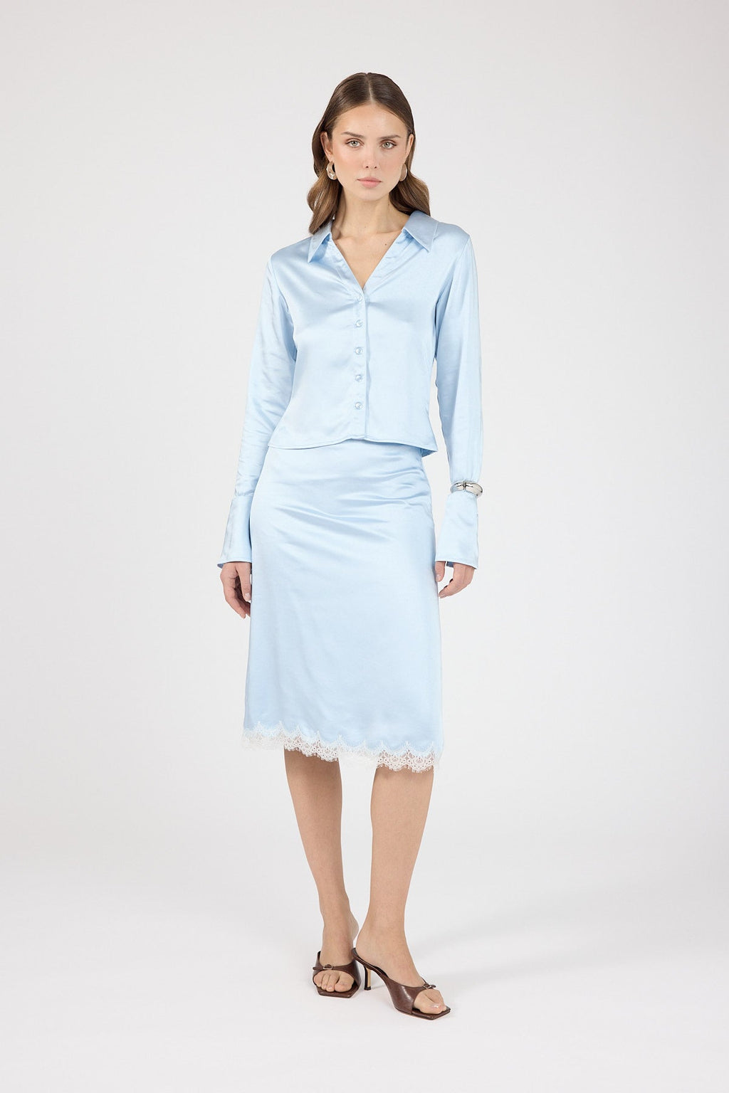 Satin Lace Midi Skirt Blue/White