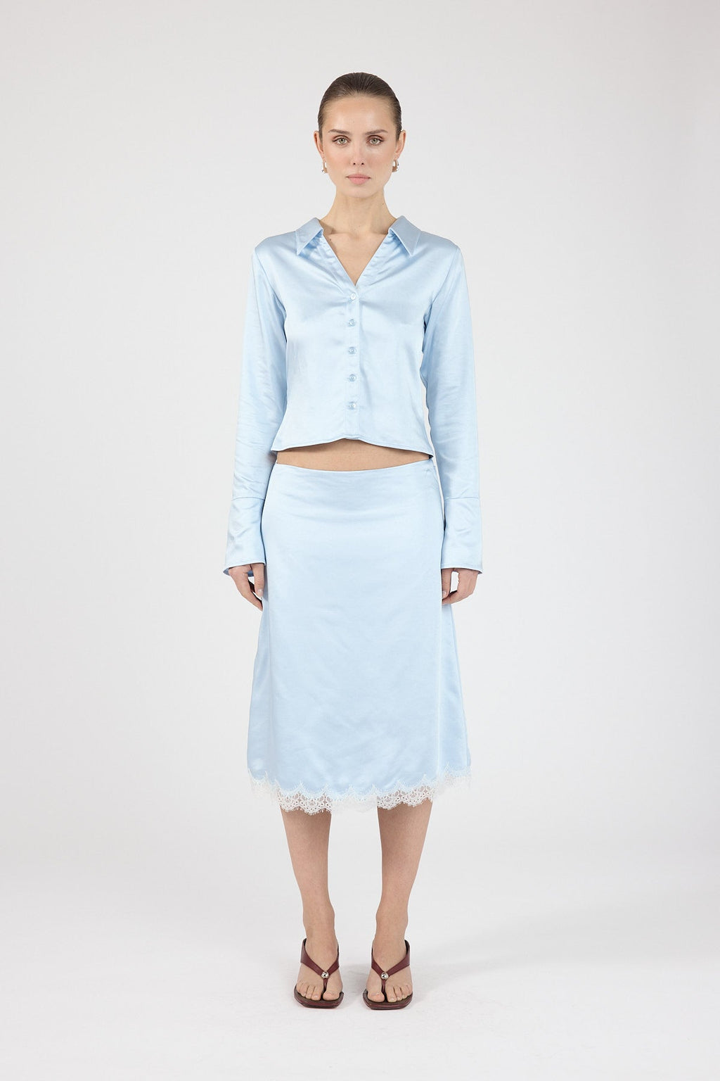 Satin Lace Midi Skirt Blue/White