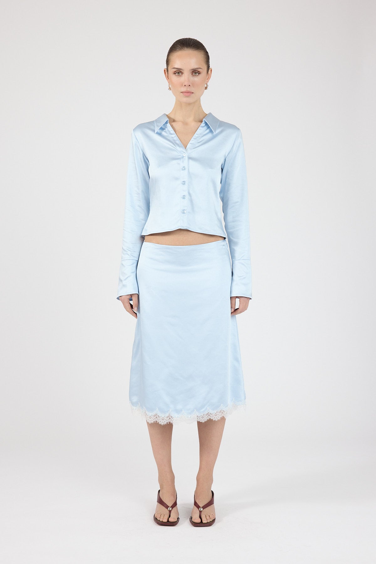 Satin Lace Midi Skirt Blue/White