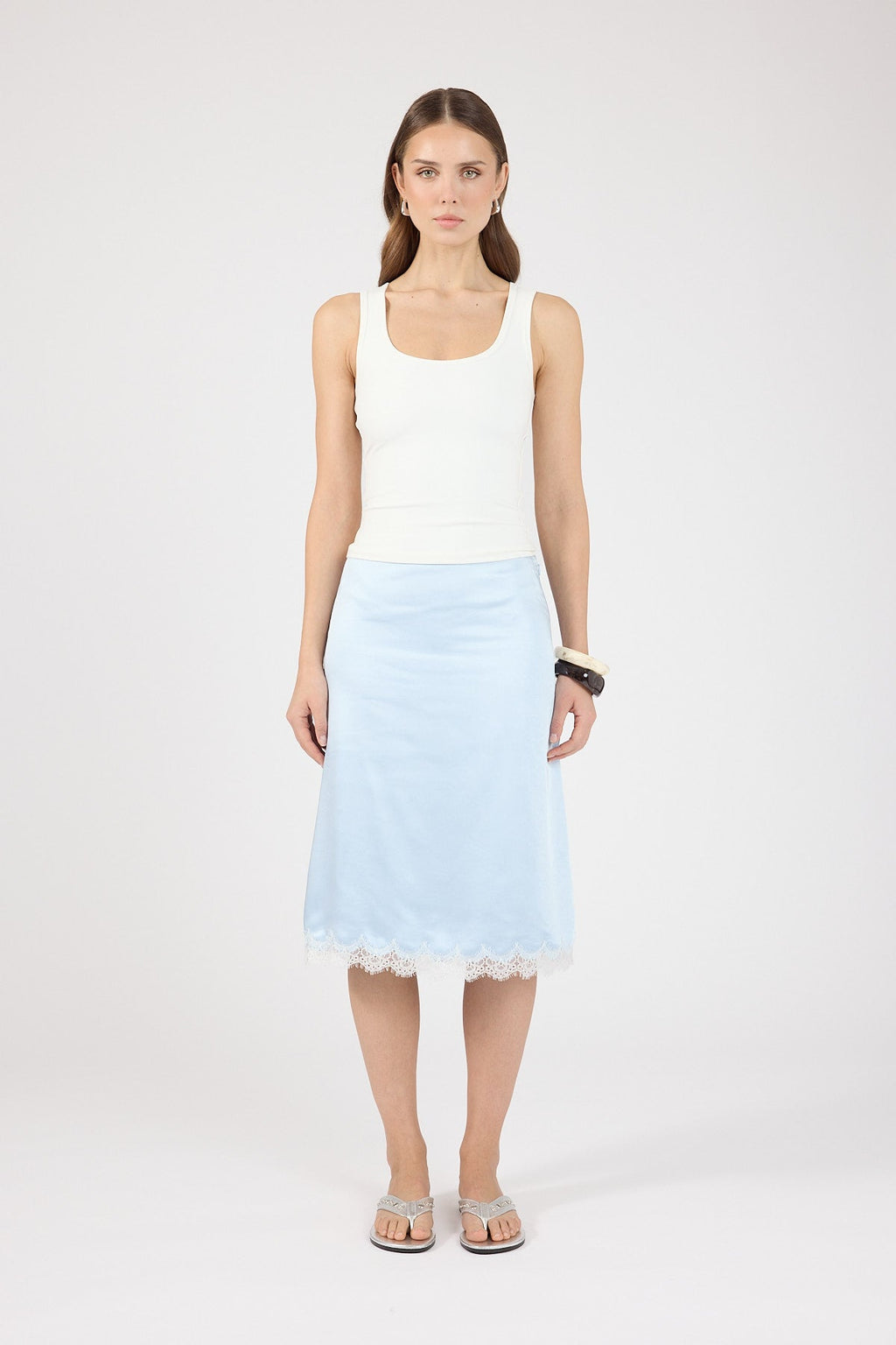 Satin Lace Midi Skirt Blue/White