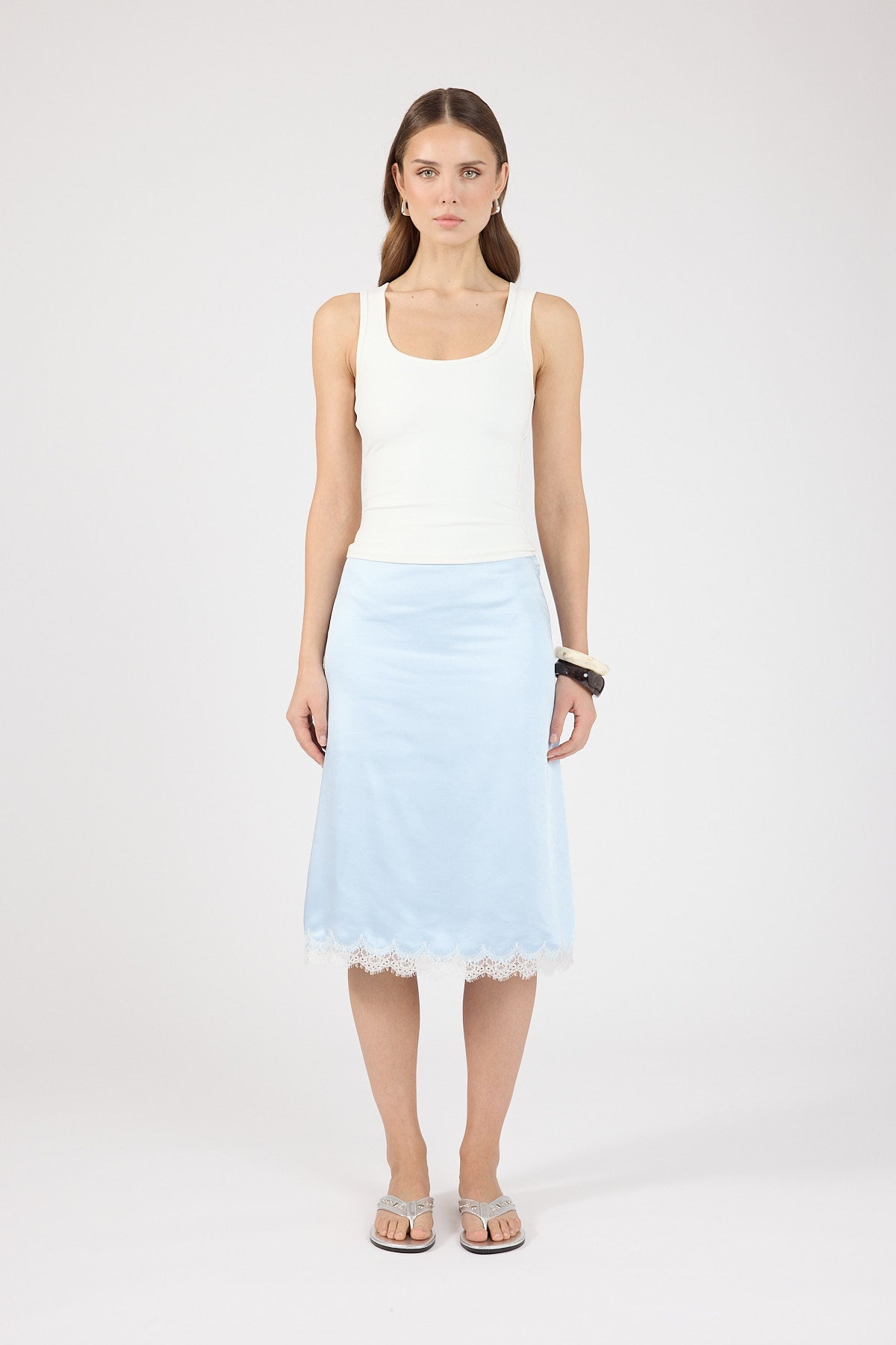 Satin Lace Midi Skirt Blue/White