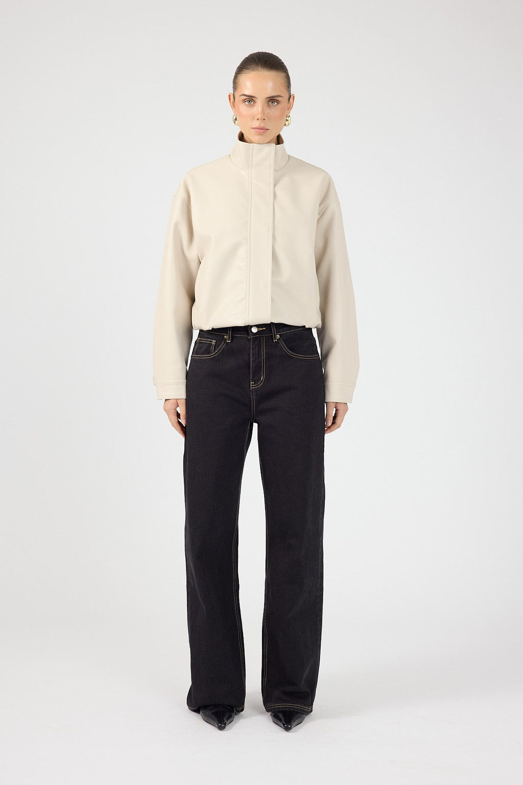 Funnel Neck Faux Leather Bomber Jacket Stone