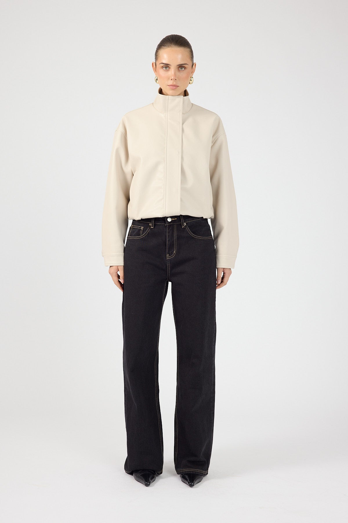 Funnel Neck Faux Leather Bomber Jacket Stone