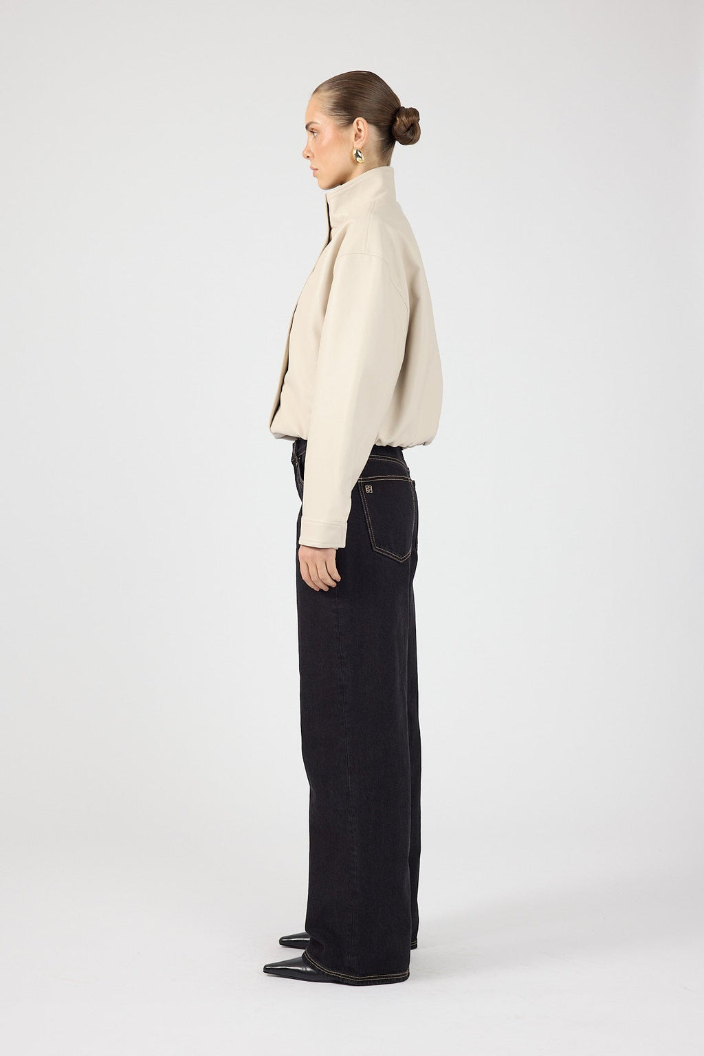 Funnel Neck Faux Leather Bomber Jacket Stone