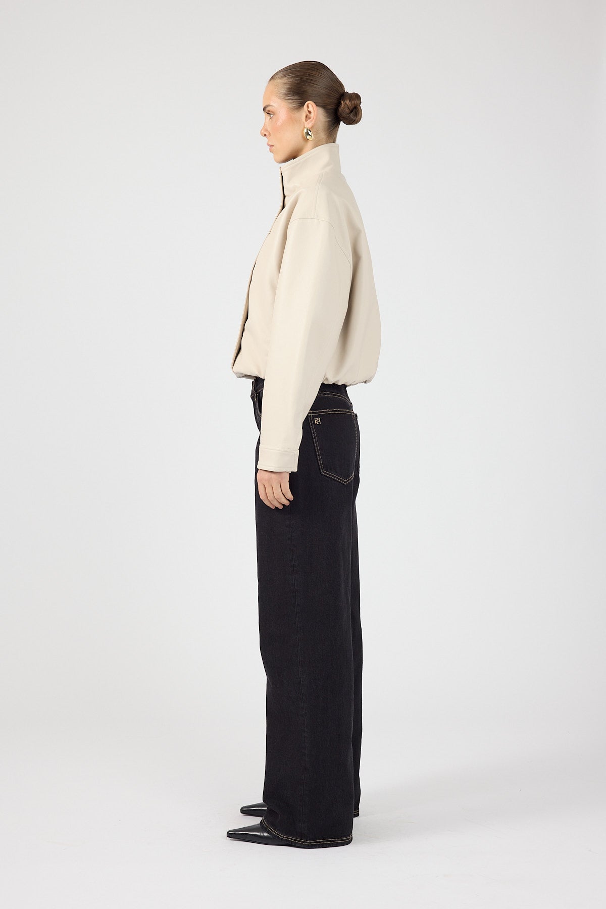 Funnel Neck Faux Leather Bomber Jacket Stone