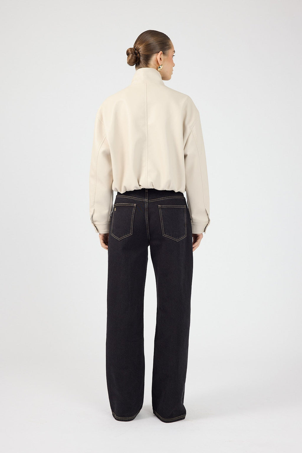 Funnel Neck Faux Leather Bomber Jacket Stone