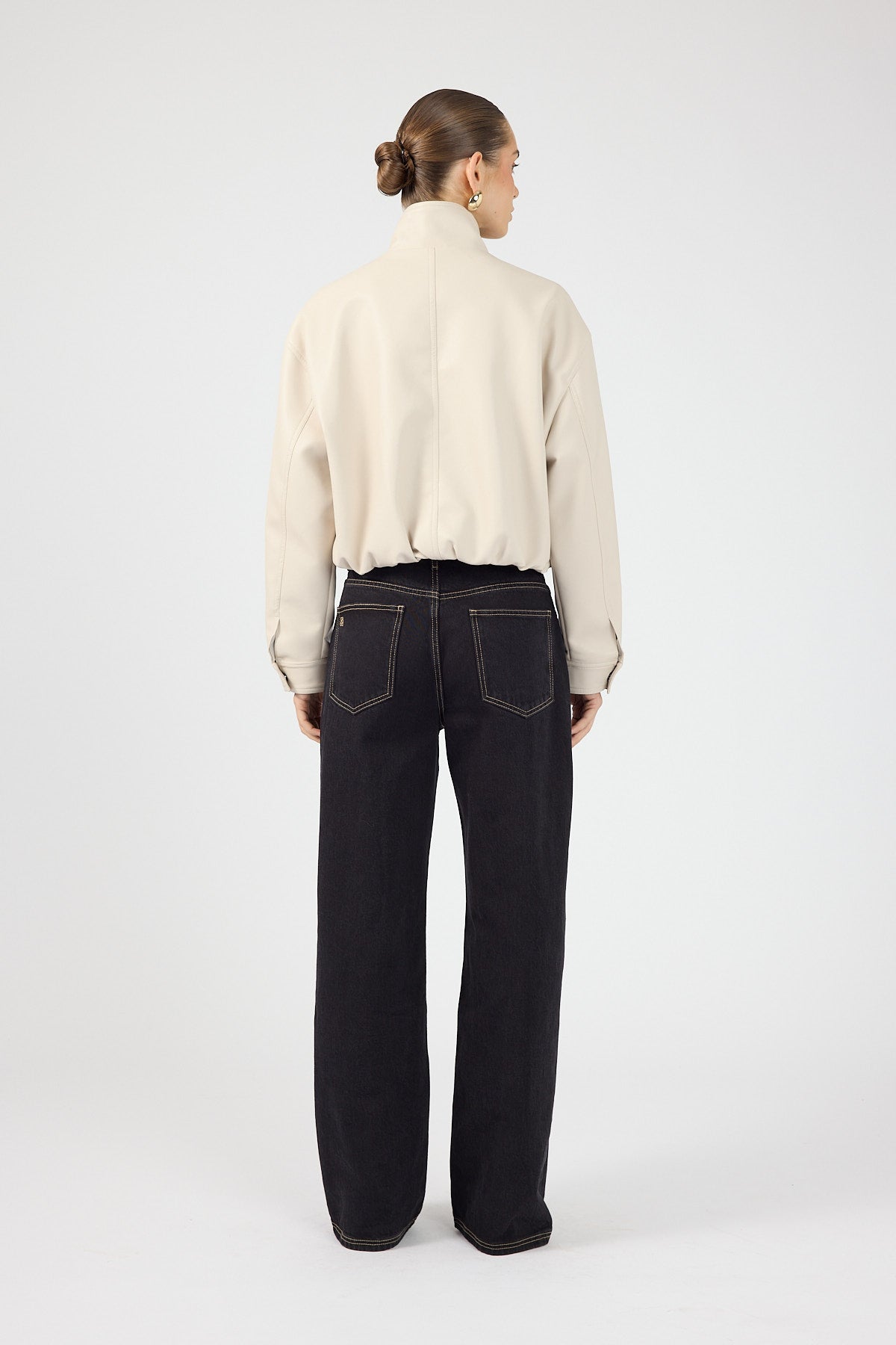 Funnel Neck Faux Leather Bomber Jacket Stone