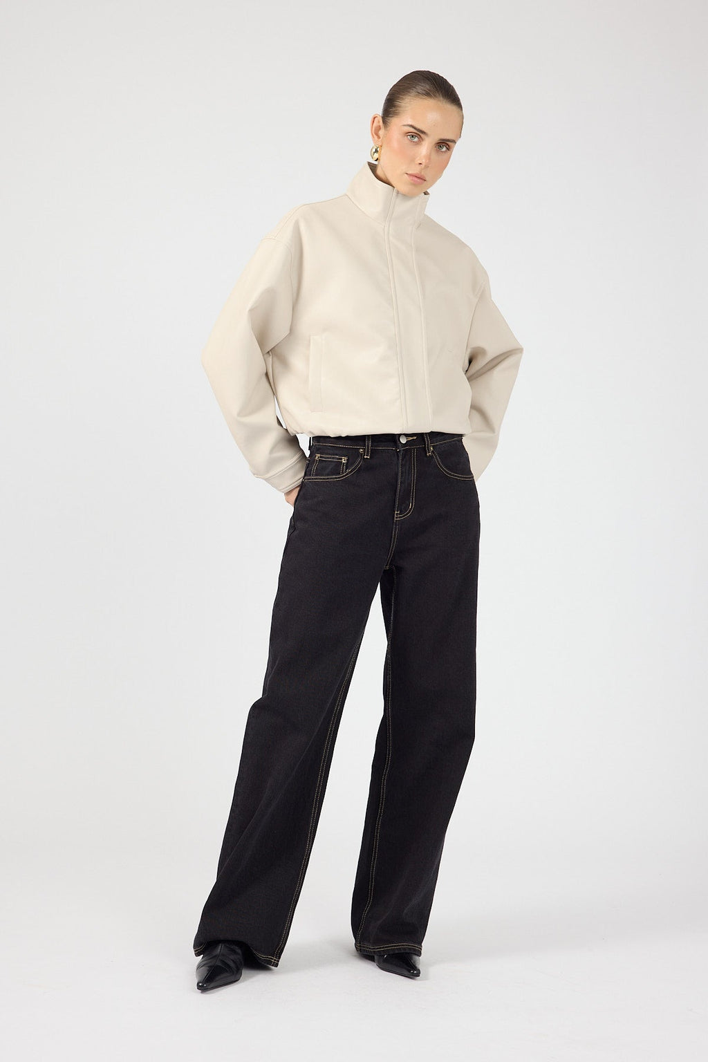 Funnel Neck Faux Leather Bomber Jacket Stone